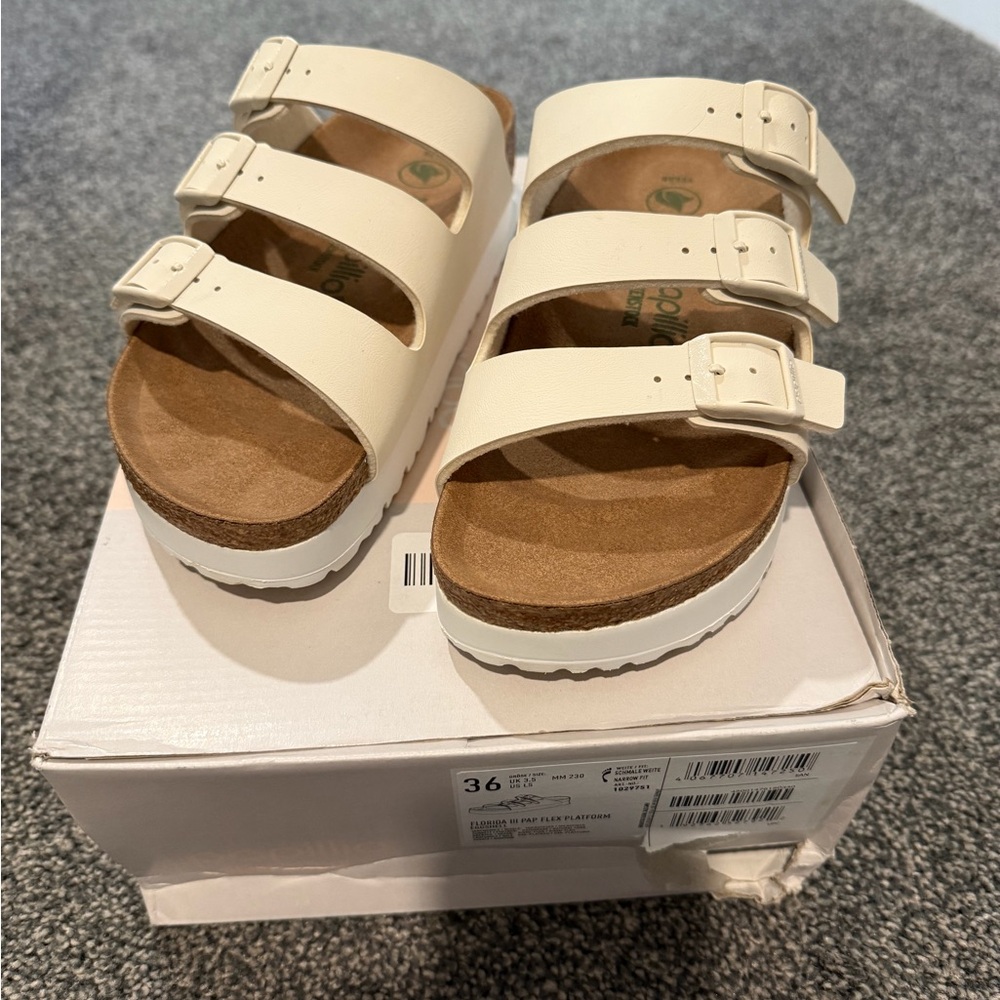 Birkenstock Women’s Triple-Strap Platform Sandals in Cream and Brown